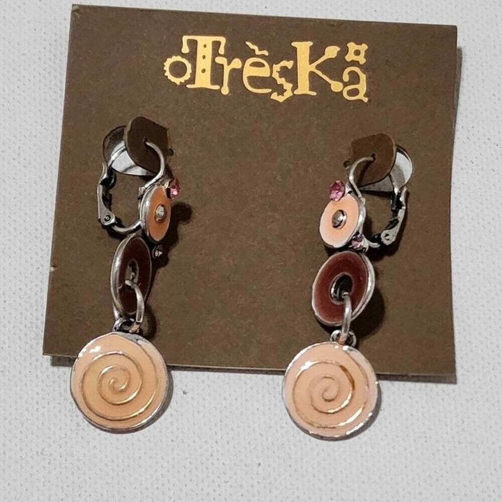 Treska Peach Enamel Spiral Drop Earrings Silver Tone Leverback Pink Crystal 2"